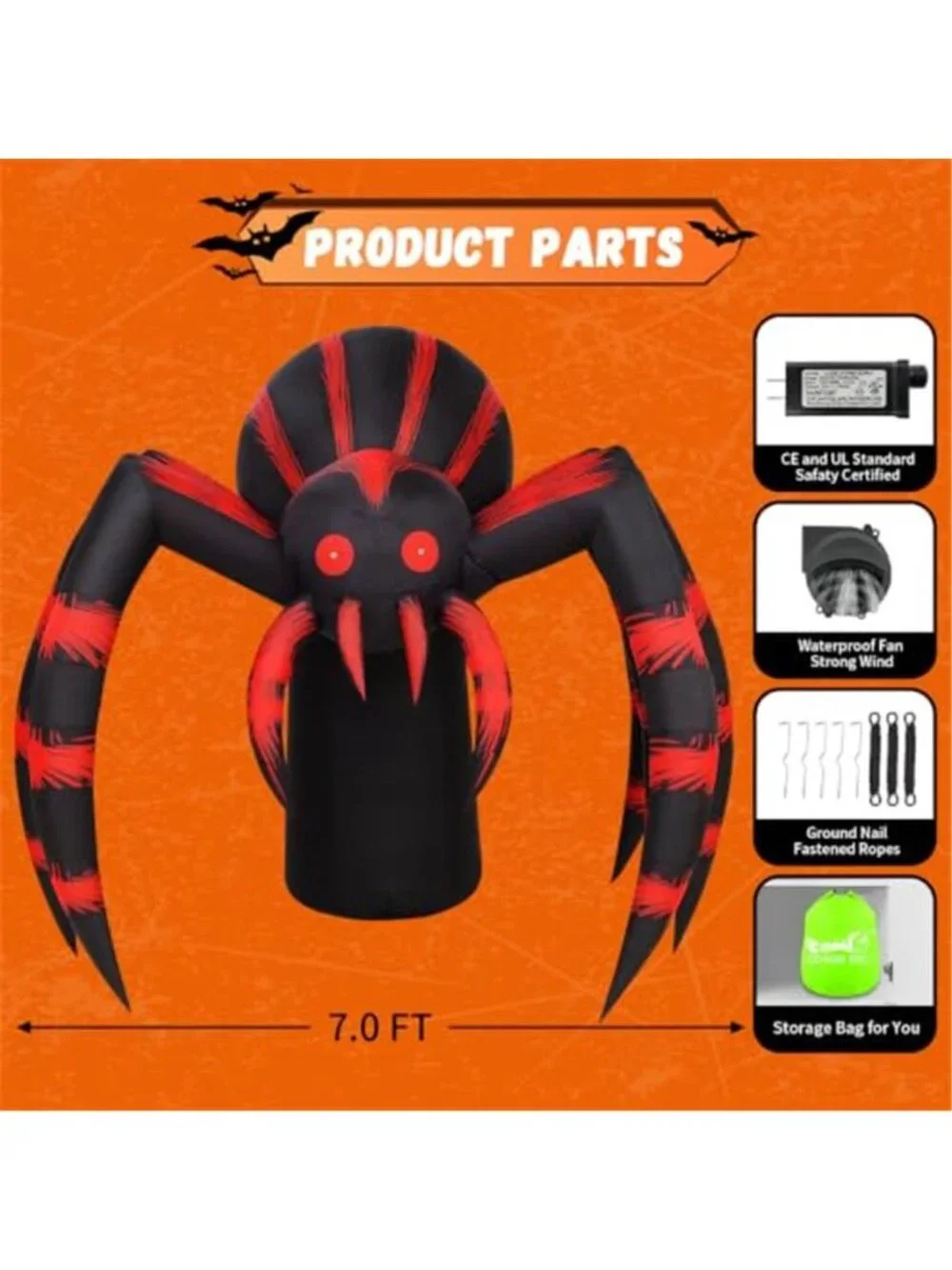 7FT Halloween Inflatables Red Stripe Spider Yard Decor with LEDs